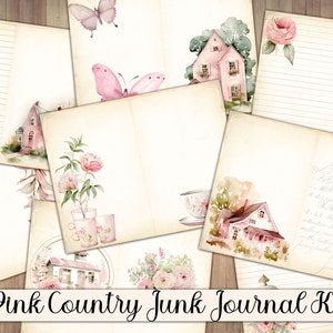Kit de diário lixo rosa country farmhouse, chique gasto, páginas de diário, coisas efêmeras, corte exigente, enfeite de álbum de recortes, kit de artesanato para impressão