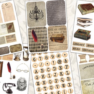 May include: A collection of vintage-style digital scrapbook elements, including antique books, a typewriter, a quill pen, a clock, a telephone, a bust of a man, a chandelier, a set of alphabet and number stamps, and various labels and tags. The elements are in shades of brown, beige, and cream.