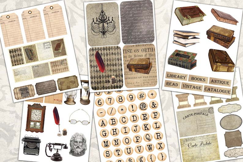 May include: A collection of vintage-style digital scrapbook elements, including antique books, a typewriter, a quill pen, a clock, a telephone, a bust of a man, a chandelier, a set of alphabet and number stamps, and various labels and tags. The elements are in shades of brown, beige, and cream.
