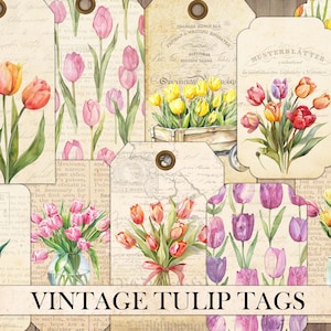 Vintage Tulip Tags, Junk Journal Ephemera, Antique Cards, Scrapbook Embellishment, Fussy Cut, Antique Spring Flowers, Instant Download
