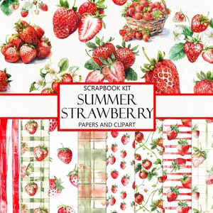 Kit per album di ritagli di fragole acquerellate, diario spazzatura, immagini di fragole, effimere, clipart, carte senza cuciture, frutta estiva, download immediato