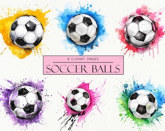 May include: Eight watercolor illustrations of soccer balls with colorful paint splatters. The soccer balls are black and white with a classic design.