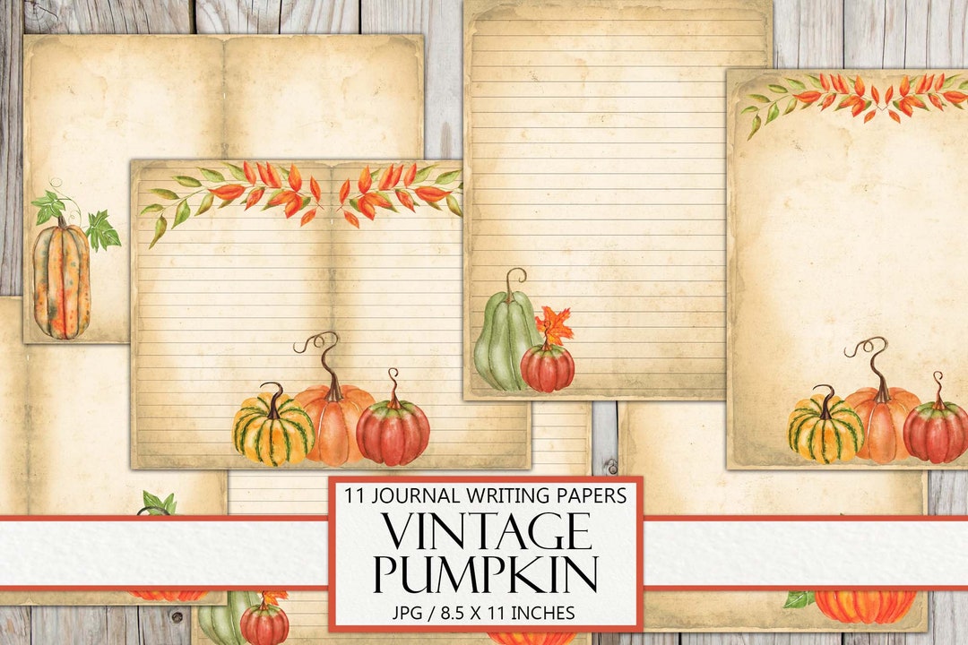Digital Journal Paper, Vintage Pumpkin, Blank and Lined, Junk Journal Ephemera, Autumn, Antique