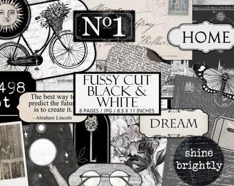 Printable Ink Saver Ephemera Kit, Black and White, Fussy Cut, Large Pack, Junk Journal Supplies, Scrapbook, Monochrome, Instant Download