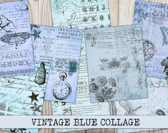 Blue Junk Journal Paper, Distressed Pages, Vintage Collage, Ephemera, Antique, Old Paper, Decoupage, Scrapbook Background, Printable