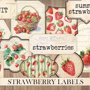Etiquetas vintage de morango, itens de diário de sucata, cartões antigos, imagens de morango, frutas, enfeites para scrapbook, corte caprichado, download