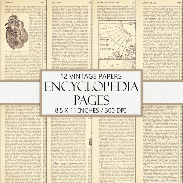 Printable Vintage Papers, Encyclopedia Pages, Antique Junk Journal, Old Paper, Digital Craft Kit, Ephemera, Authentic Book Pages, Scrapbook