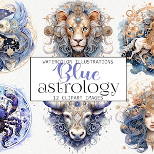 Akwarela Niebieski Astrologia Clipart Pack, Znak Zodiaku PNG, Grafika Clip Art, Ilustracja Niebiańska, Przezroczyste Tło, Wykorzystanie Komercyjne