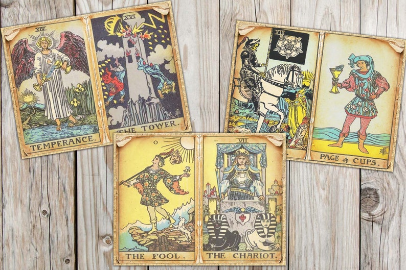 May include: A set of ten tarot cards with colorful illustrations and gold trim. The cards include The Tower, Temperance, Page of Cups, The Fool, and The Chariot.