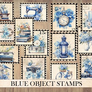 Aquarell blau Objekt Briefmarken, Vintage Ephemera, wählerisch geschnitten, Aufkleber Blatt, Junk Journal Zubehör, antike florale Artikel, Instant Download