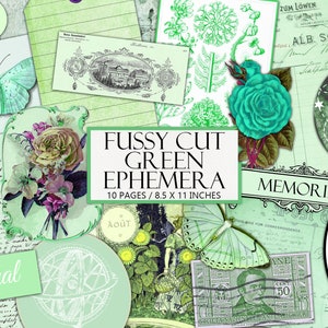 May include: A digital collage of green and white images, including butterflies, flowers, and text. The title of the collage is "Fussy Cut Green Ephemera" and the text "10 Pages / 8.5 x 11 Inches" is also included.