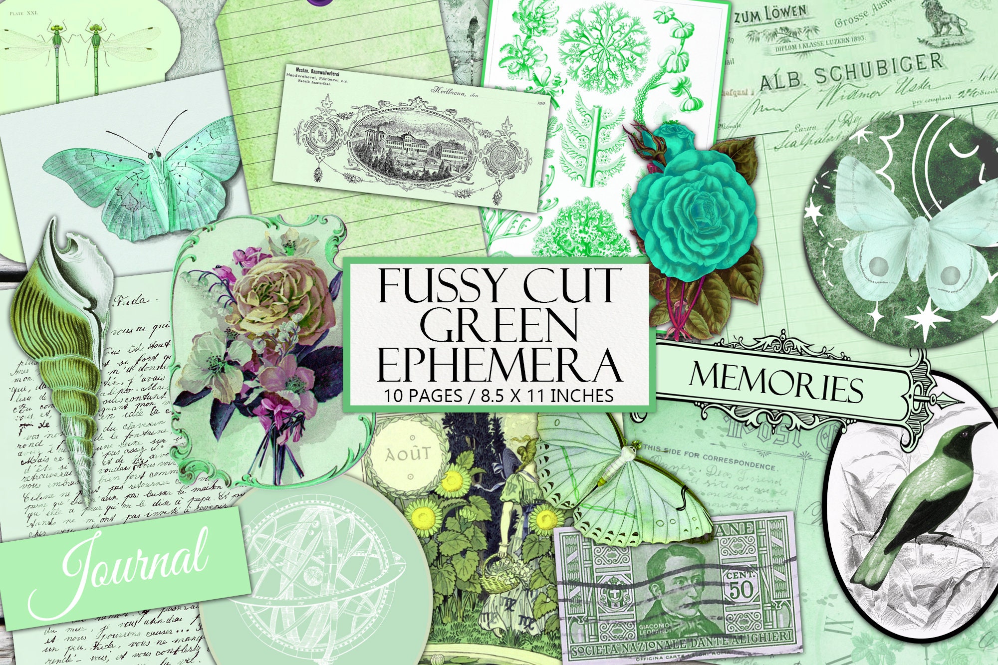 Printable Ephemera Kit, Vintage Green, Fussy Cut, Junk Journal Supplies, Collage, Green Aesthetic, Antique, Commercial Use