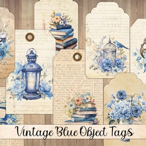 Vintage blauwe objectlabels en labels, efemere rommeldagboek, antieke kladjes, dagboekkaarten, plakboekversiering, kieskeurig knippen, downloaden
