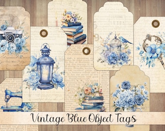 Vintage Blue Object Tags and Labels, Junk Journal Ephemera, Antique Scraps, Journal Cards, Scrapbook Embellishment, Fussy Cut, Download
