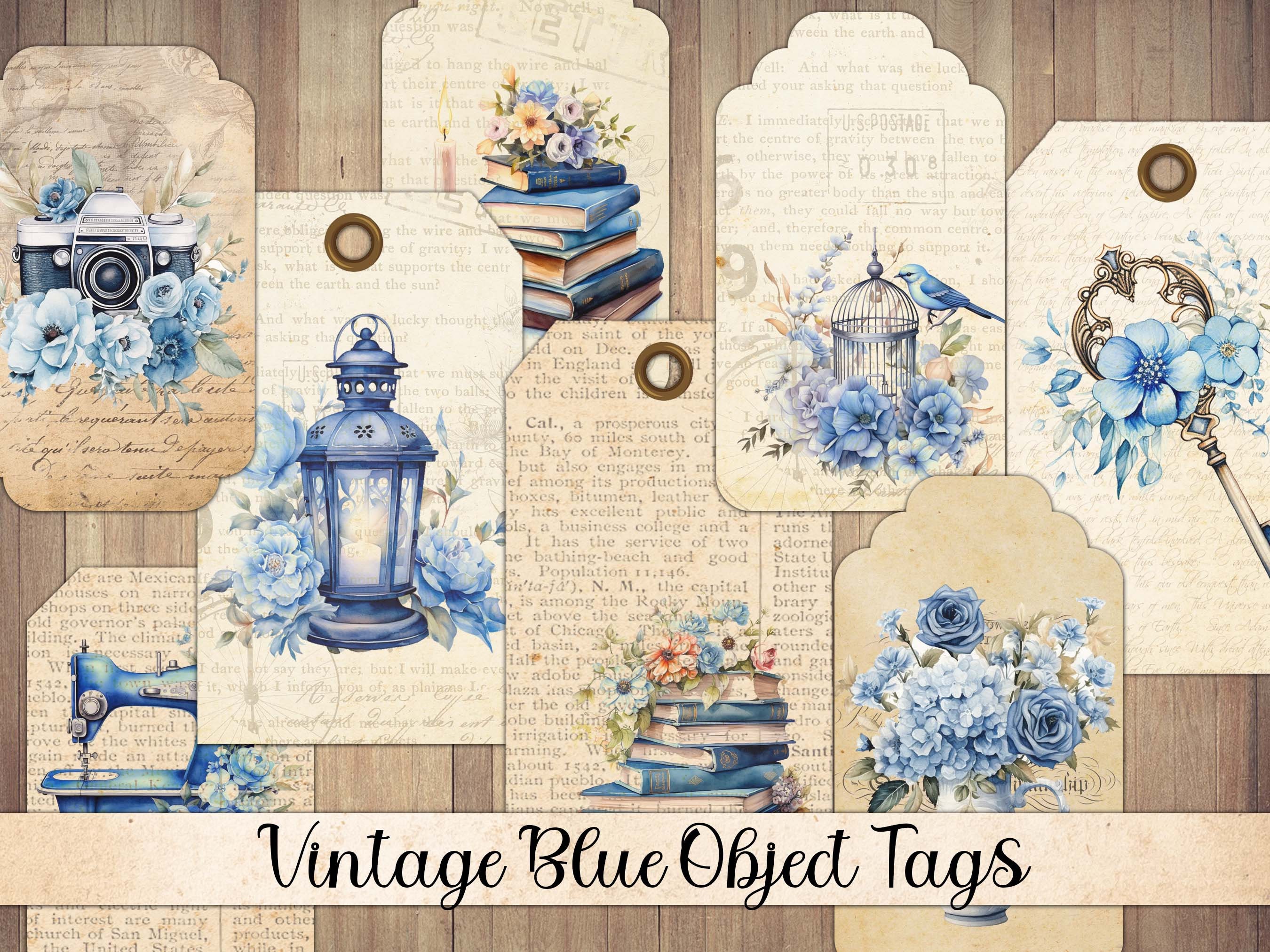 Vintage Blue Object Tags and Labels, Junk Journal Ephemera, Antique Scraps, Journal Cards, Scrapbook Embellishment, Fussy Cut, Download
