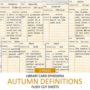 Wydrukowane karty biblioteczne Vintage Autumn Definition, Fussy Cut, Ephemera Pack, Junk Journal Supplies, Dictionary Word, Seasonal Fall Download