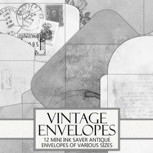 Sobres de ahorro de tinta imprimibles, efímera de diario basura vintage antiguo, varios tamaños y formas, corte quisquilloso gris, descarga instantánea neutra