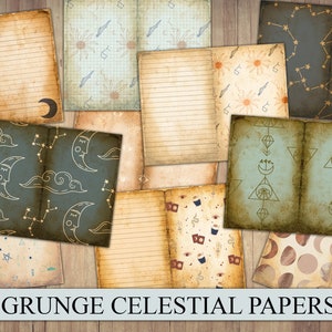 Digital Junk Journal Paper, Vintage Celestial, Grunge, Astrology, Journal Ephemera, Old Paper, Scrapbook Background, Distressed Astronomy