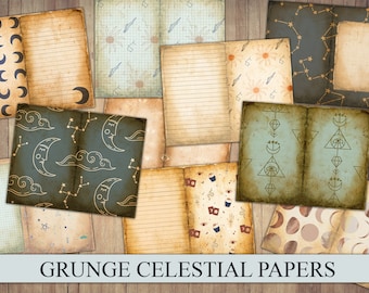 Digital Junk Journal Paper, Vintage Celestial, Grunge, Astrology, Journal Ephemera, Old Paper, Scrapbook Background, Distressed Astronomy
