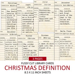 Wydrukowane karty biblioteczne Vintage Christmas Definition, wycinane elementy, pakiet Ephemera, artykuły do dziennika śmieci, słownik świąteczny, zimowe skrawki
