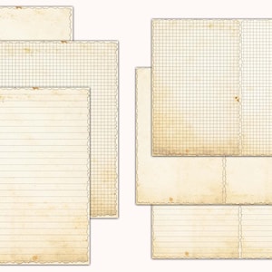 May include: Set of six vintage-style paper sheets with different grid patterns. The sheets are cream-colored with a distressed, aged look. They feature lined, grid, and blank paper options.