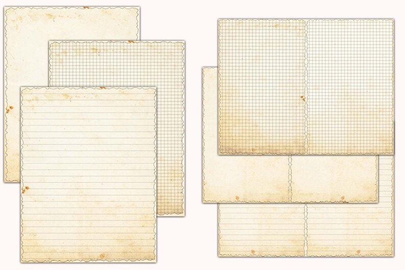 May include: Set of six vintage-style paper sheets with different grid patterns. The sheets are cream-colored with a distressed, aged look. They feature lined, grid, and blank paper options.