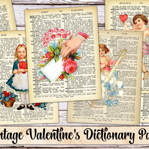 Digital Vintage Valentine's Dictionary Pages, Old Paper, Ephemera, Romantic Scrapbook, Valentine's Day Paper, Printable, Instant Download