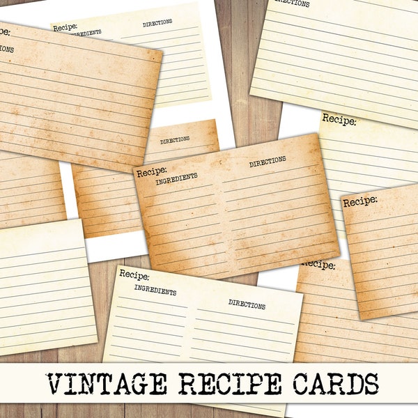 Vintage Recipe Cards, Plain Cards, Distressed Background, Note Cards, Recipes, Antique Design, Ephemera, Fussy Cut, PNG, Junk Journal, Notes