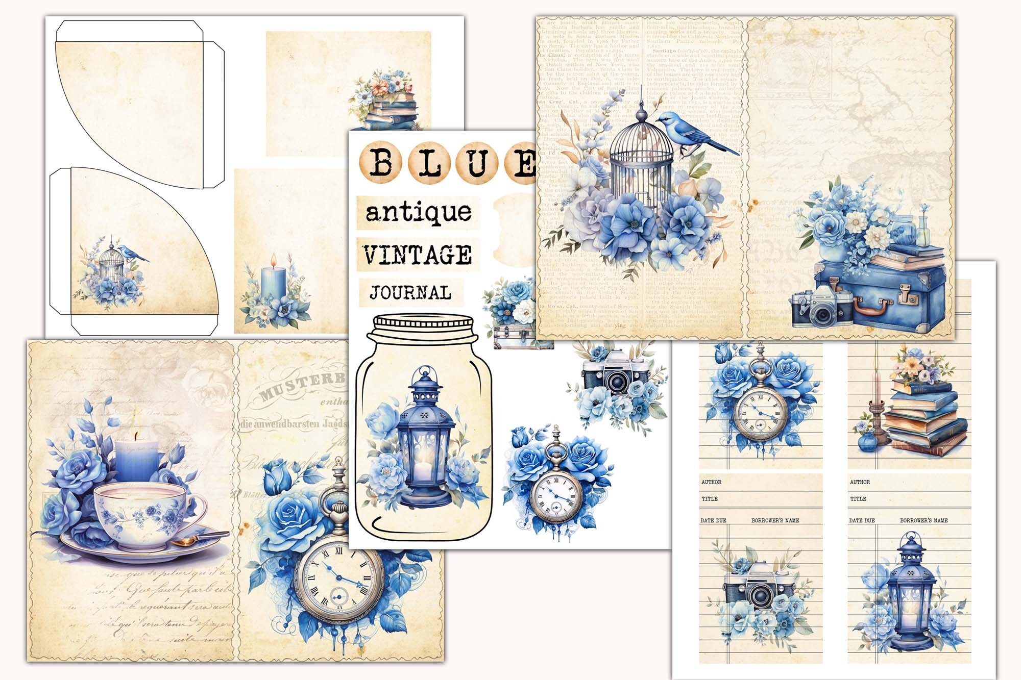 Vintage Blue Floral Junk Journal Kit: Printable Ephemera (digital ...