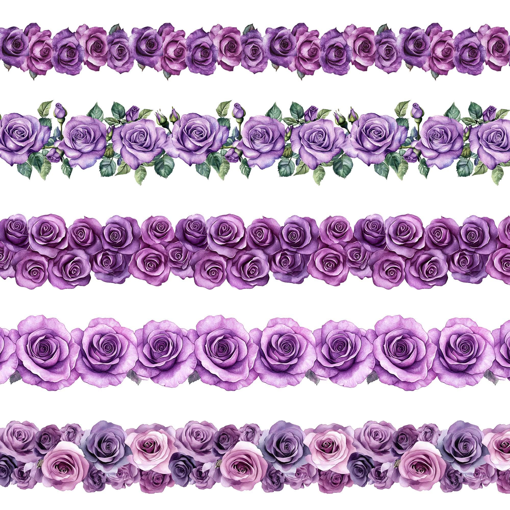 Purple Roses Seamless Border Clipart: Floral Design (digital Download ...