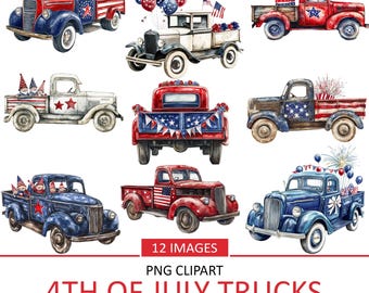 Watercolor 4th of July Truck Clipart: Antique Independence Day PNG (Digital Download)