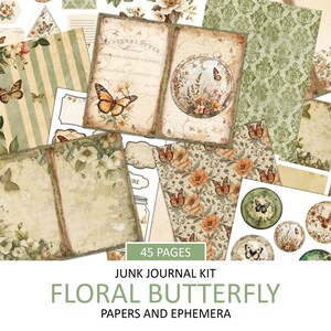 Kit de diário de lixo de borboleta floral verde completo, páginas de estilo vintage, coisas efêmeras, corte exigente, enfeite de álbum de recortes, artesanato para impressão de borboletas