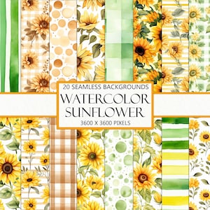 Immagini di girasoli senza soluzione di continuità, sfondi autunnali acquerellati, fiori gialli, fiori estivi, carte per scrapbooking, effimeri per diario spazzatura, download istantaneo