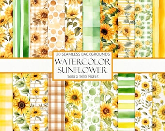 May include: 20 seamless digital paper backgrounds featuring watercolor sunflowers in various patterns, including stripes, polka dots, and gingham. The backgrounds are in shades of yellow, green, and white.