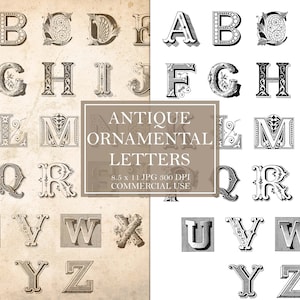 Alphabet ornemental ancien, mots imprimables, journal indésirable, éphémères vintage, typographie authentique, coupe difficile, chutes, numérique, téléchargement