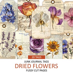 Etiquetas y rótulos de flores secas antiguas, efímeras para diarios basura, tarjetas antiguas, adornos florales para álbumes de recortes, cortes delicados, descarga instantánea