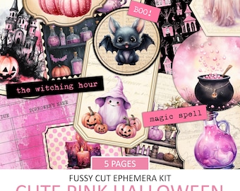 Kit de itens efêmeros de Halloween rosa: colagem vintage de bruxas para impressão (download digital)