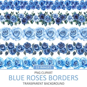 Può includere: 15 immagini di bordi di rose blu ad acquerello con sfondi trasparenti. Clipart PNG per progetti di design digitale.