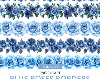 Op de afbeelding: 15 afbeeldingen van blauwe aquarelrozenranden met transparante achtergronden. PNG-clipart voor digitale ontwerp projecten.