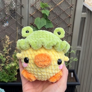 Crochet duck plushie with a frog hat , amigurumi  cute aesthetic
