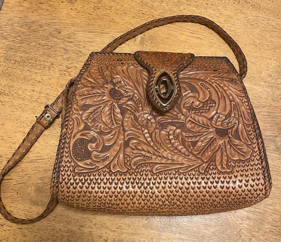 Vintage Brown Tooled Leather Floral Embossed Bag s-l400.jpg main image 2