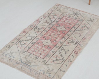 Small Vintage Rug, 3x4 Rug, Neutral Rug, Boho Rug, Muted Rug, Faded Rug, Handknotted Rug, Low Pile Rug, Door Math Rug