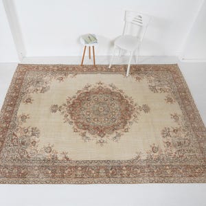 Large Vintage Persian Rug - 7x10 ft (7X10) Beige & Rust Handmade Wool Rug - 207x304 cm Distressed Oriental Rug for Home