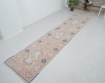 Runner Rug Vintage, Persian Runner Rug, 3x10 Runner Rug, Wool Vintage Old Runner, Turkish Runner 3x10, Oushak Runner 3x10, Neutral Runner