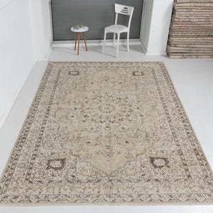 Elegant Vintage Turkish Rug, Large Beige and Brown Wool Area Carpet, 10x7 ft Handwoven Distressed Rug for Living Room