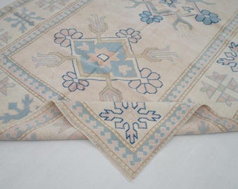 Neutral Rug 5x8 - Oushak Rug- Area Rug - Rug - Faded Rug - Wool Rug - Bedroom Rug Livingroom Rug - Turkish Rug - Beige Rug Blue Rug, Rug 5x8