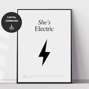 Oasis, She&#39;s Electric, Music Wall Print, Minimal Music Poster, Indie Rock Music Wall Art, Printable Lyrics Print, Digital Download