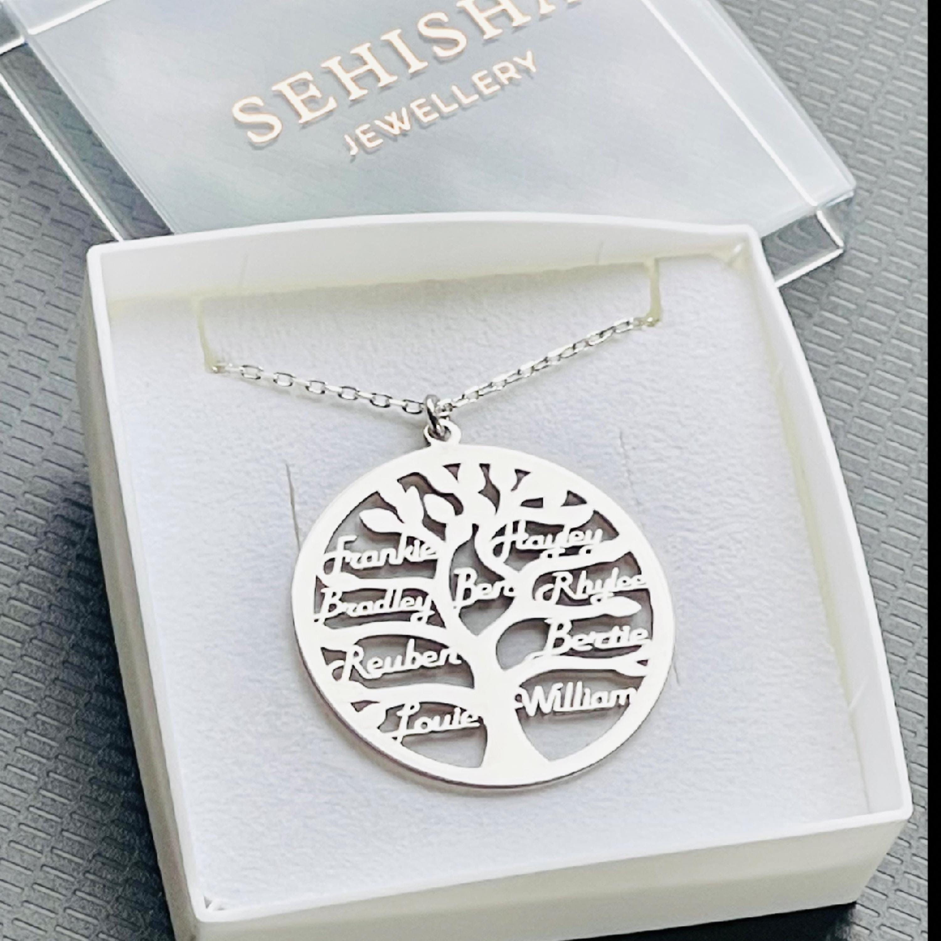 925 Sterling Silver Family Tree Name Necklace Up to 9 Names