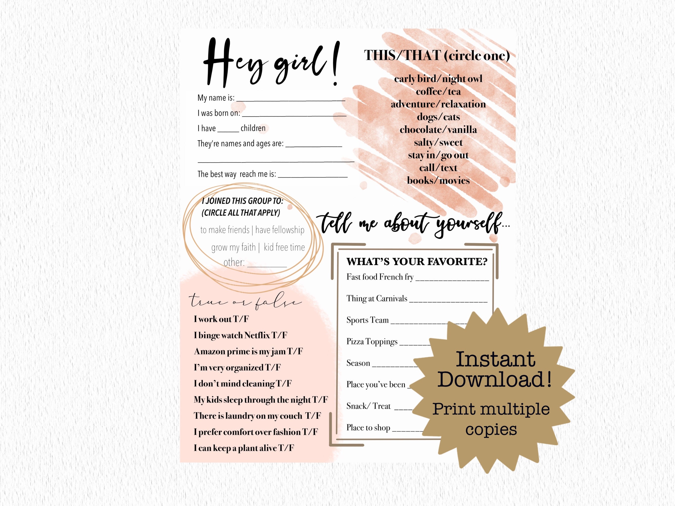 Get to Know You Questionnaire Moms Group Edition - Etsy