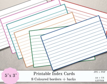 Printable index cards with coloured borders, 5"x3" organisation cards, planner cards, planner inserts, set of cards, journal cards, PDF, JPG